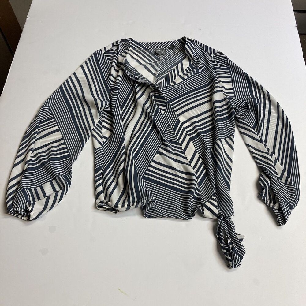 SOHO Jeans Women's Navy White Striped V-Neck Wrap Tie Long Sleeve Blouse M